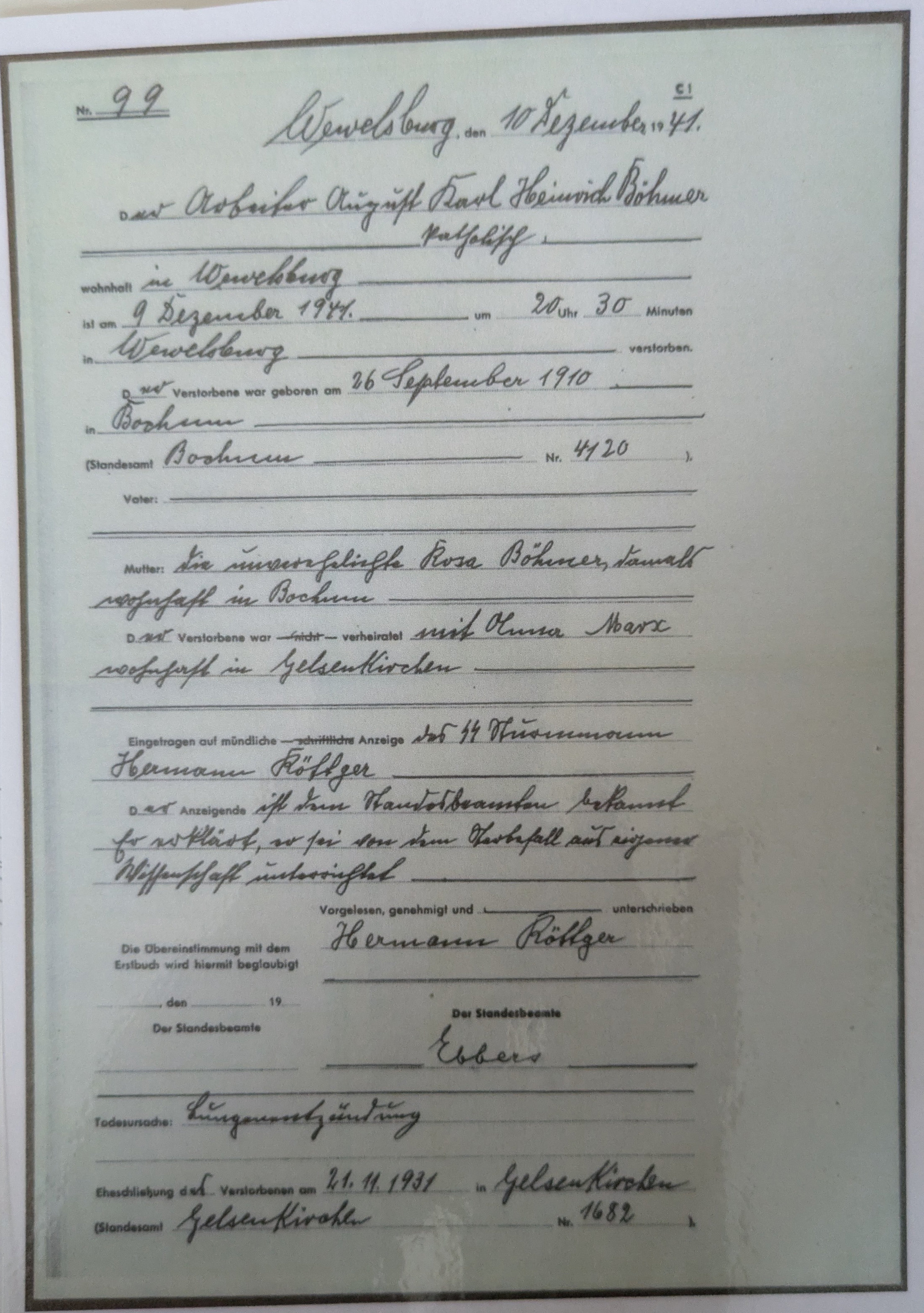 Karl Böhmers Totenschein