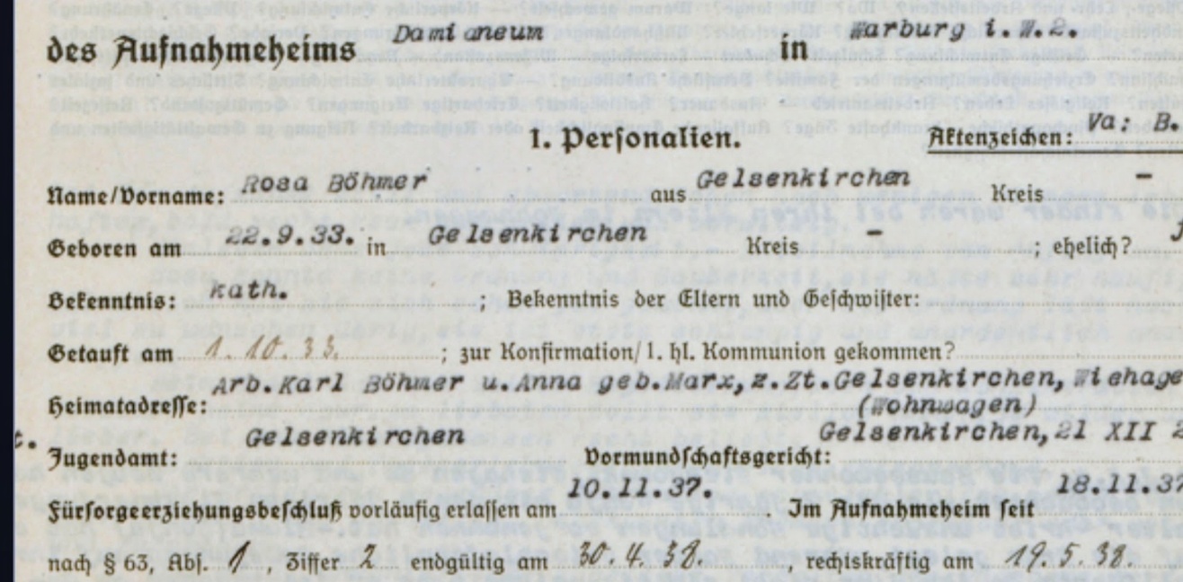 Heim-Aufnahme-Schein von Rosa Böhmer
