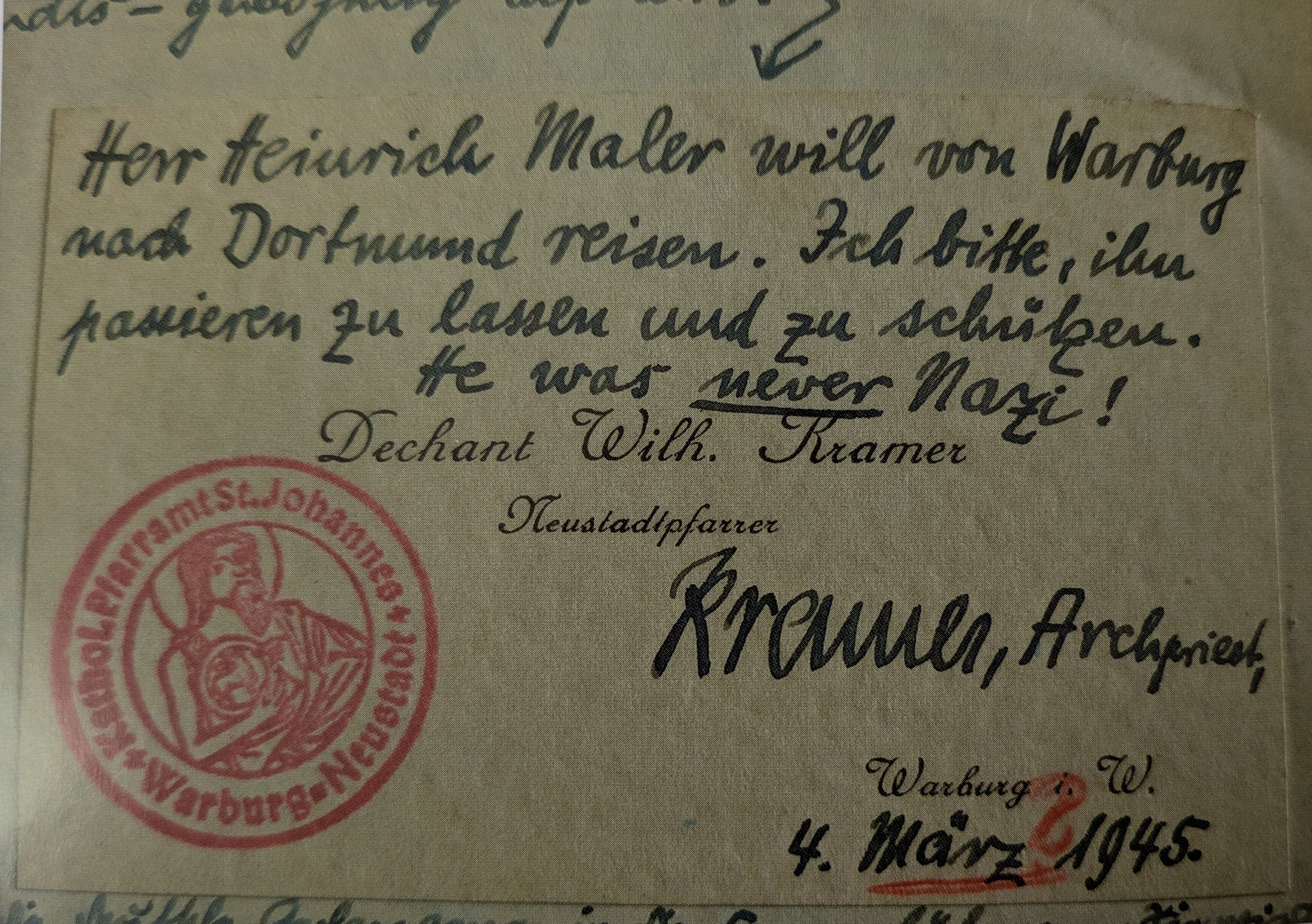 Passierschein von Dechant Kramer